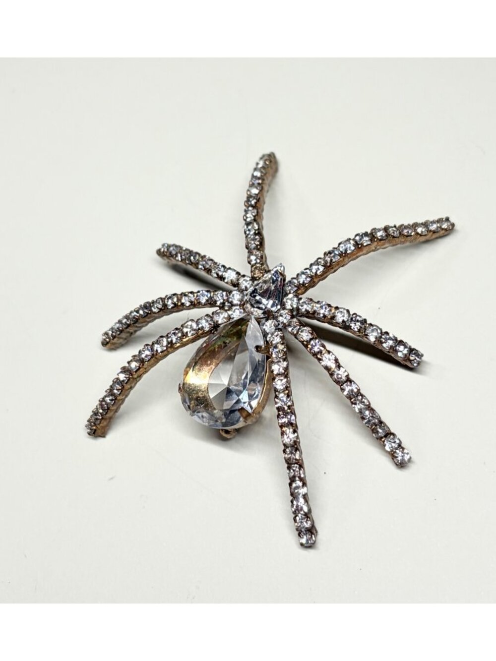 Vintage Rhinestone Spider Brooch Large Crystal Teardrop Halloween Pin 2.75"